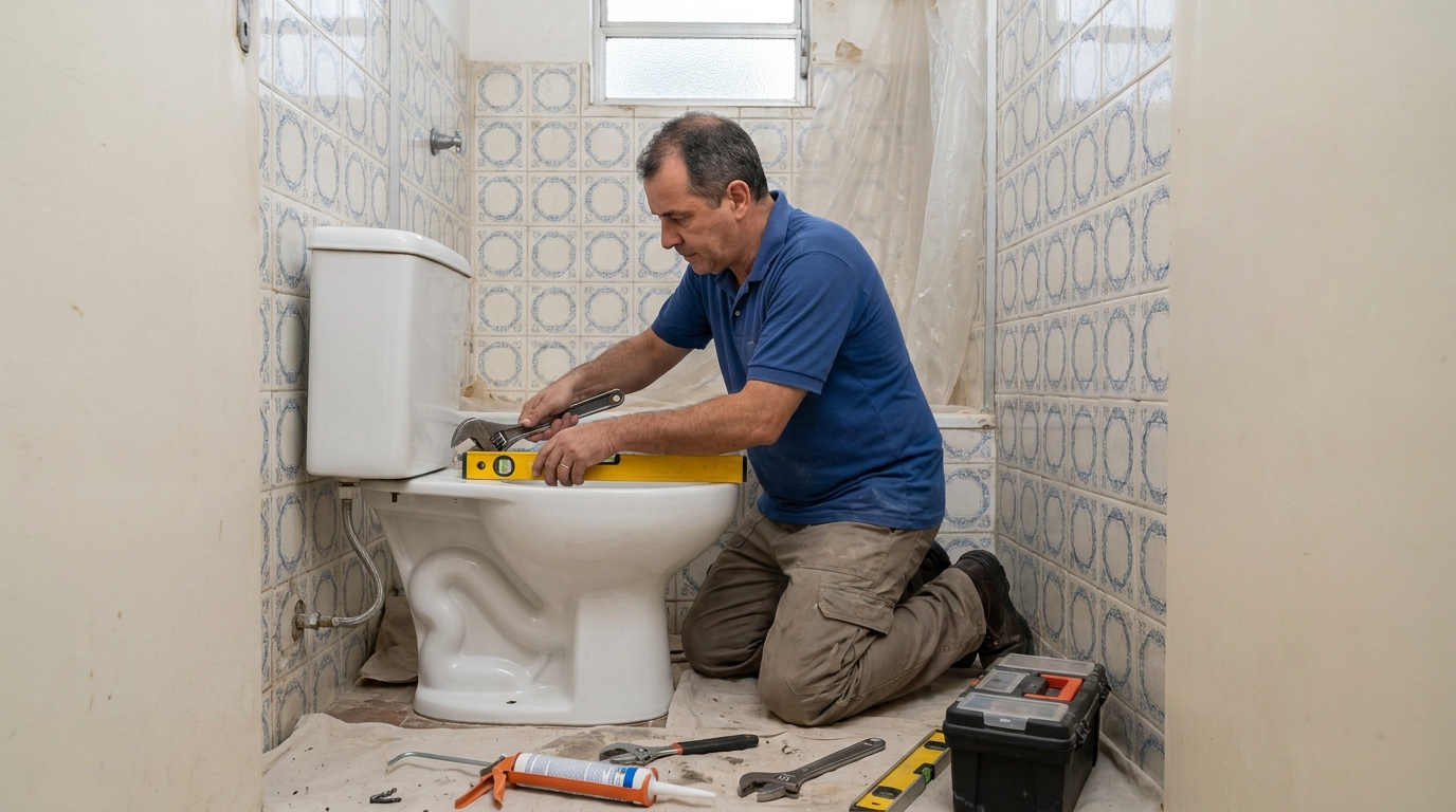 Técnico instalando vaso sanitário em Ponta Grossa‑PR